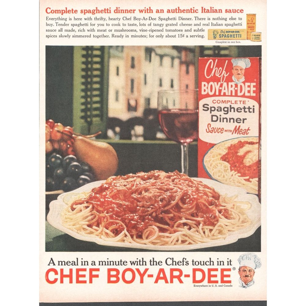 1961 Chef Boy-ar-dee Spaghetti Dinner Vintage Print Ad Red Wine Fruit Plate Art
